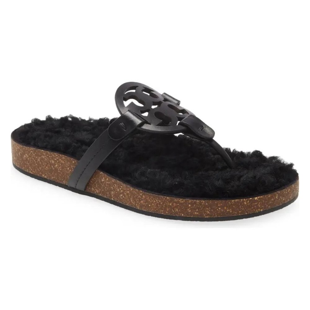 NIB Tory Burch Miller Cloud Shearling Leather Sandal Black US 8.5. Brand new